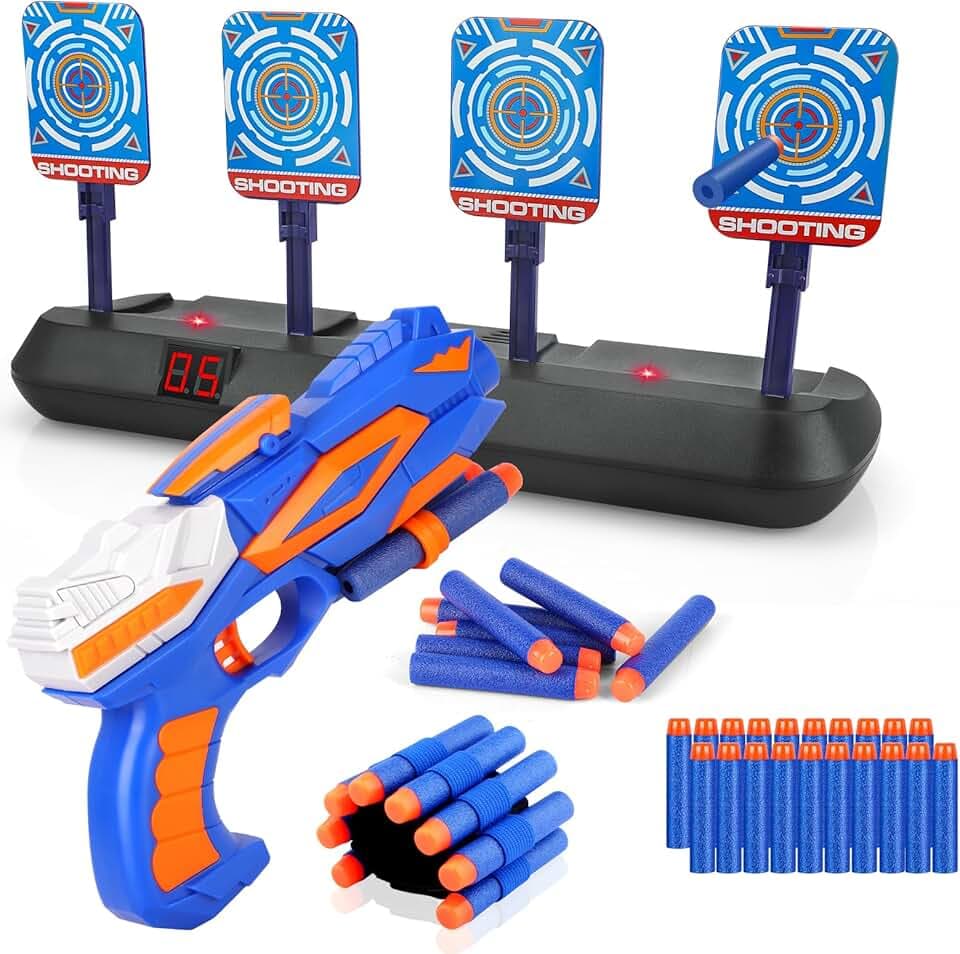 Tiro al Bersaglio con Pistola Giocattolo per Bambini 3 4 5 6 7 8 9 10 anni, Bersaglio Digitale Elettrico per Nerf, 20 Proiettili, Giochi Bimbo Gioco Blaster Interno Esterno Regalo Compleanno Natale