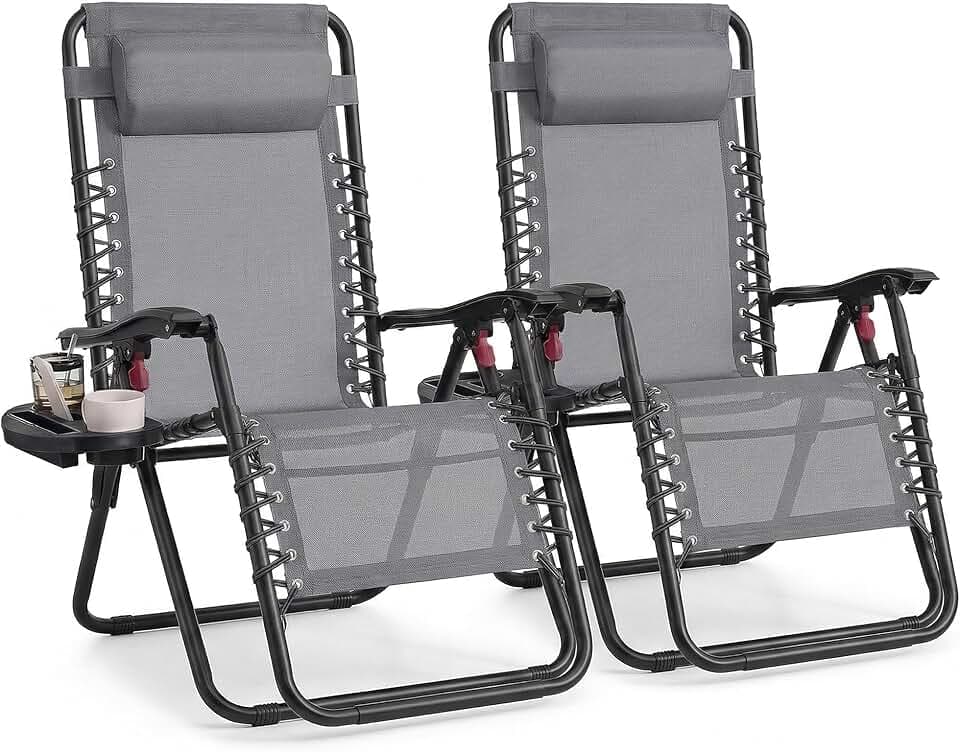 SONGMICS Set da 2 Sedie a Sdraio Pieghevoli, Poltrone a Gravità Zero, Lettini Prendisole Portata 110 kg per Sedia, Poggiatesta Regolabile, Vassoio, per Terrazza e Giardino, Grigio Scuro GLB032GZ02