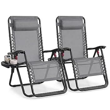 SONGMICS Set da 2 Sedie a Sdraio Pieghevoli, Poltrone a Gravità Zero, Lettini Prendisole Portata 110 kg per Sedia, Poggiatesta Regolabile, Vassoio, per Terrazza e Giardino, Grigio Scuro GLB032GZ02