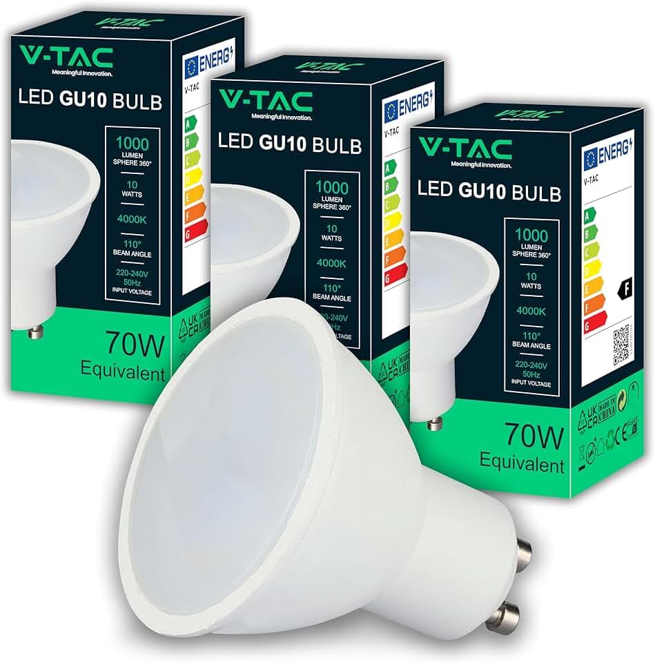 V-TAC 3x Lampadine LED GU10 - Alta Luminosità 10W (Equivalenti a 70W) - 1000 Lumen- Faretto Led GU10 per Massima Efficienza e Risparmio Energetico - 4000K Luce Naturale