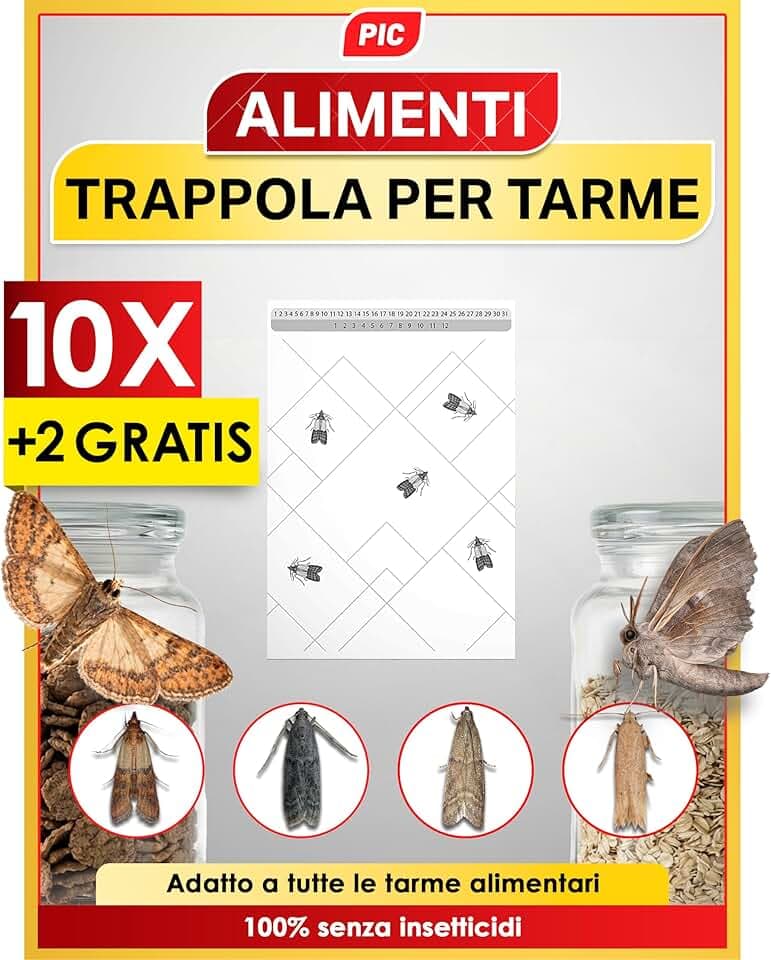 PIC Trappole per Tarme Alimentari 12X – Trappola Farfalline Alimentari con Feromoni, Antitarme Alimentari per Dispensa e Cucina, Trappole Adesive contro le Farfalline del Cibo per il Diagnosi Precoce