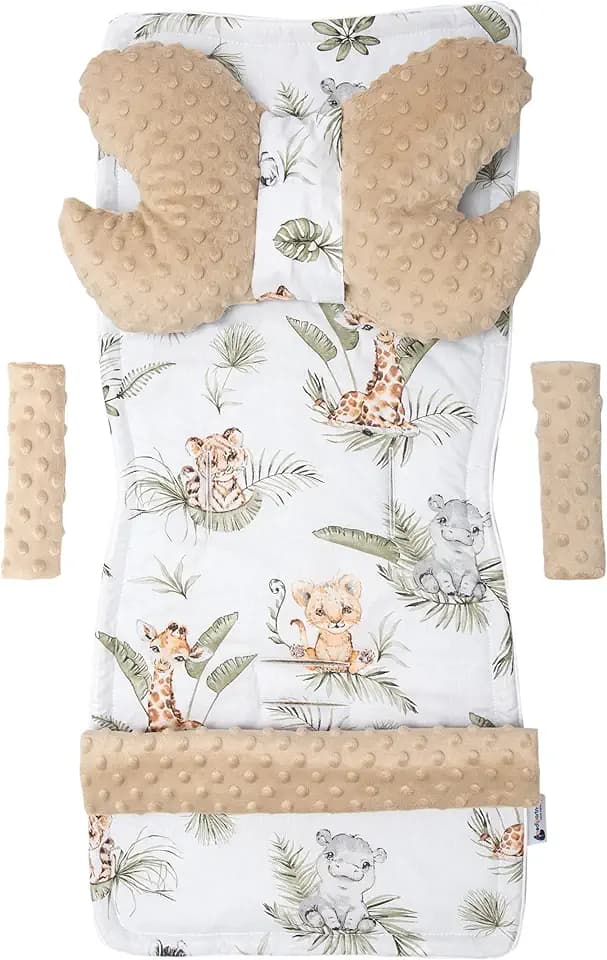 Medi Partners Riduttore Passeggino Universale Materassino Copri Neonato Cuscino - 5 elementi 78x35cm Copripasseggino Estivo per Neonati Cotone Minky (Safari con Minky beige)