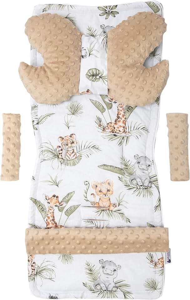 Medi Partners Riduttore Passeggino Universale Materassino Copri Neonato Cuscino - 5 elementi 78x35cm Copripasseggino Estivo per Neonati Cotone Minky (Safari con Minky beige)