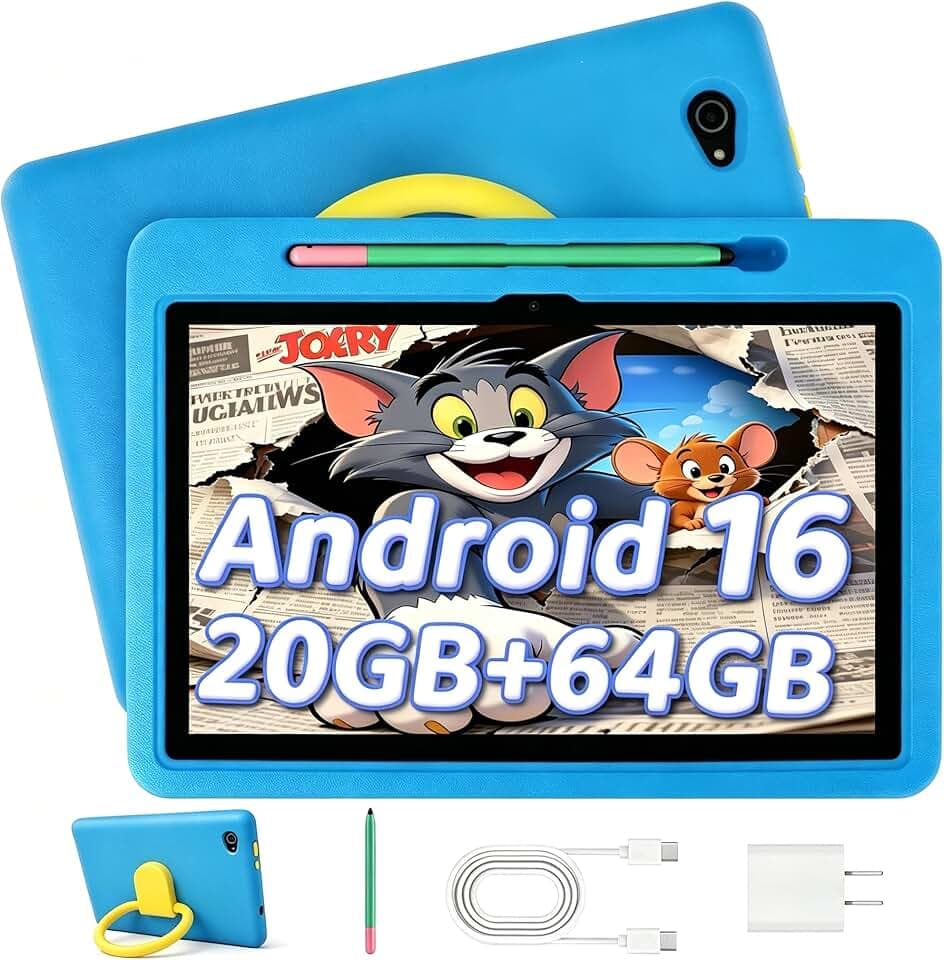 Tablet Bambini 10 Pollici Android 16 Tablet, 20GB 1TB TF, Controllo Parentale, 8MP Fotocamera, 6000mAh, WiFi 6/BT 5.3, Tablet con Custodia Protettiva - Blu