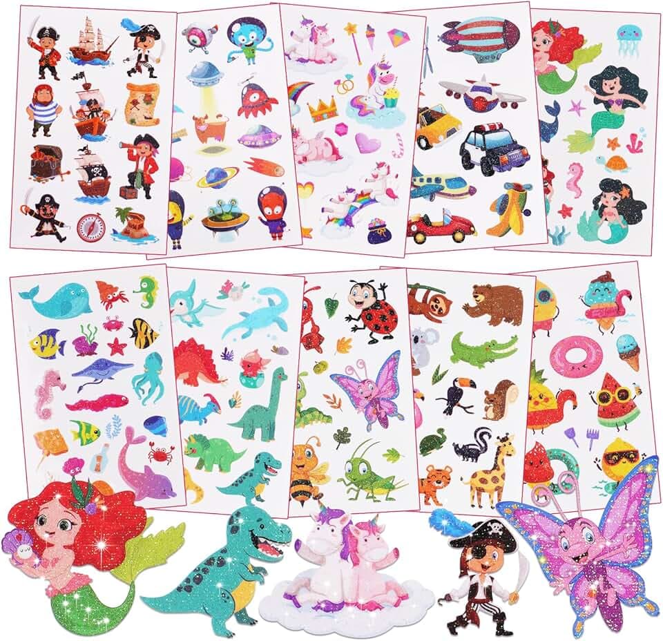 ACWOO Tatuaggi Temporanei per Bambini, Brillante Tatuaggi Finti per Ragazze Ragazzi, 10 Fogli Unicorno + Animale + Dinosauro Tatuaggi Temporanei Set, Giocattoli Gadget per Ragazza Bambini Adulti Festa