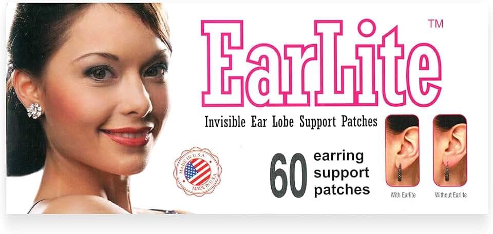 EarLite EarLite 60 toppe invisibili per orecchini, supporto per lobo dell'orecchio, toppe impermeabili in sacchetto con chiusura lampo