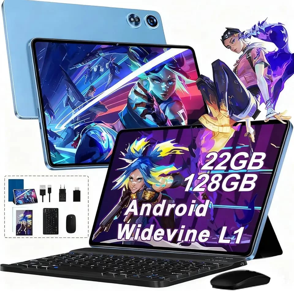 2026 Tablet 10 Pollici Android con 22GB RAM + 128GB ROM (TF/2TB), Octa-Core 2.0 GHz, Widevine L1, 5G WiFi 6, Bluetooth 5.0, 1280 * 800 FHD IPS, 8000mAh, GMS, Newest Tablet con Tastiera e Mouse - Blu
