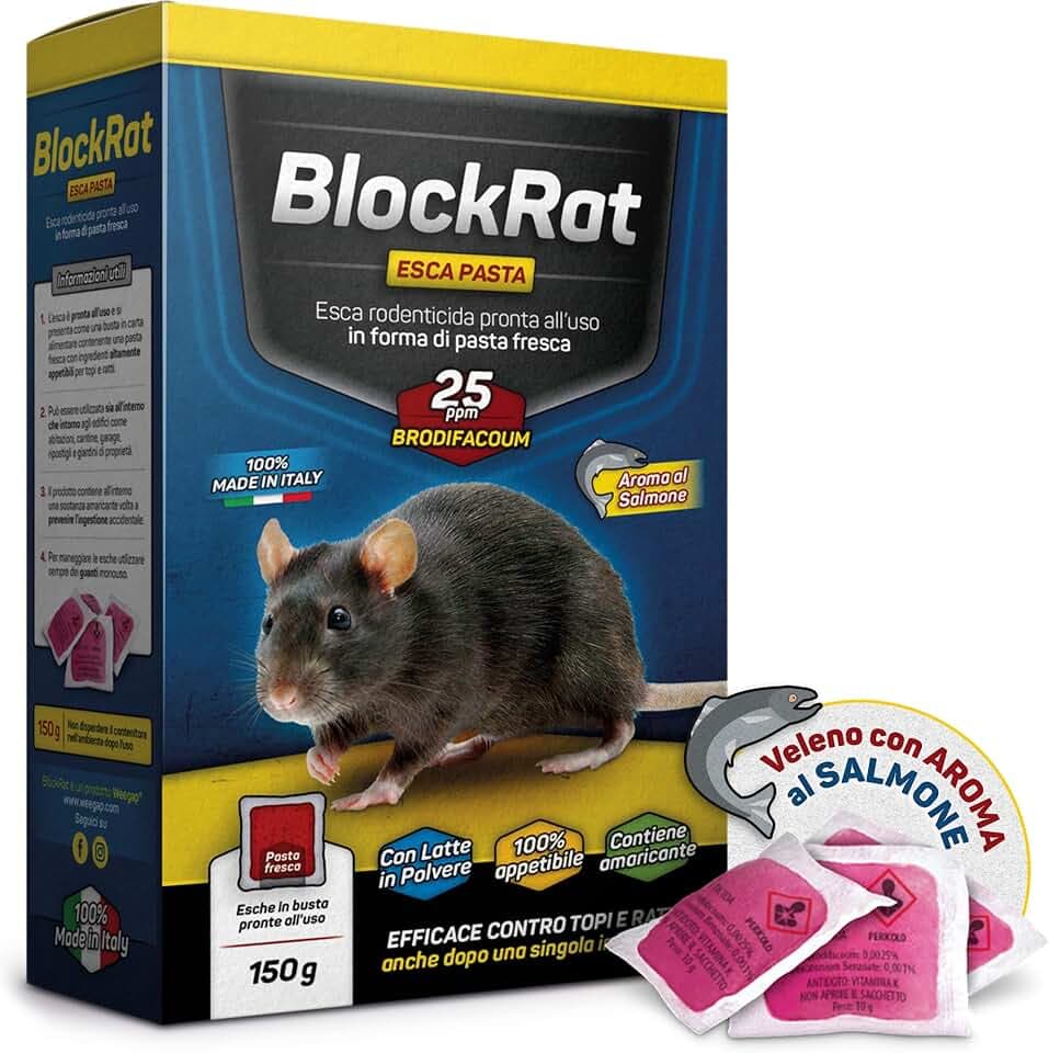 Veleno per Topi Professionale, Esca Topicida Ratticida in Bustine di Pasta Fresca, Novità Aroma al Salmone, Rodenticida Potente Rosso, Uso Esterno ed Interno, 100% Made in Italy - BlockRat 150 g