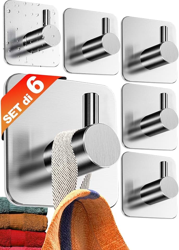 4smile Ganci Adesivi, 6 pezzi Appendi Accappatoio Bagno, Acciaio inox, Porta Asciugamani Autoadesivo, Argento Global Recycled Standard