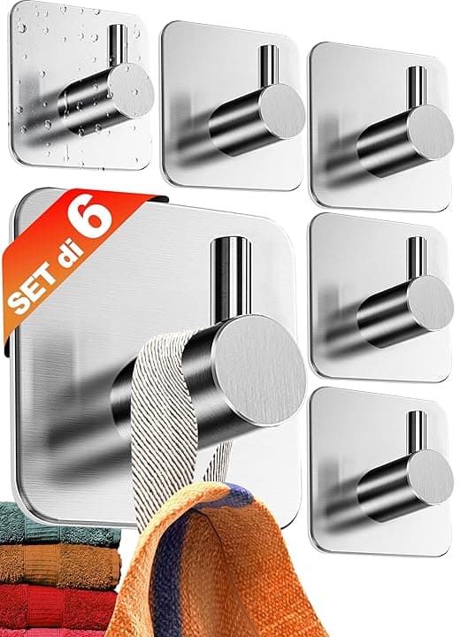 4smile Ganci Adesivi, 6 pezzi Appendi Accappatoio Bagno, Acciaio inox, Porta Asciugamani Autoadesivo, Argento