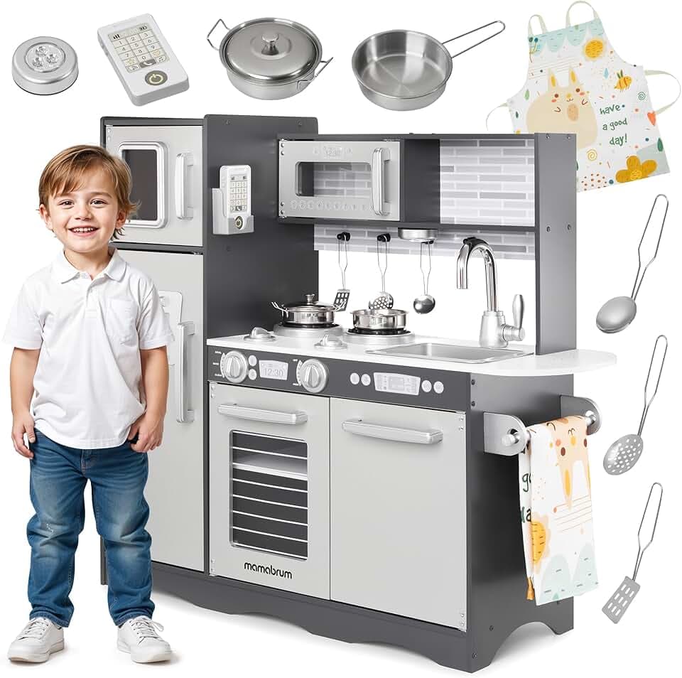 Mamabrum Cucina Giocattolo per Bambini in Legno con Luci LED - Cucina Educativa con Forno, Microonde e Accessori - Set da Gioco con Piano Cottura, Frigorifero e Utensili - 93x30x82cm - Nero
