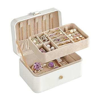 SONGMICS SONGMICS GISELLA Collezione - Scatola Portagioie da Viaggio 2 Livelli, Piccolo Porta Gioielli, Portagioielli Portatile, Accessori Grandi, Idea Regalo, 11,6 x 16 x 7,5 cm, Bianco Nuvola JBC166W01