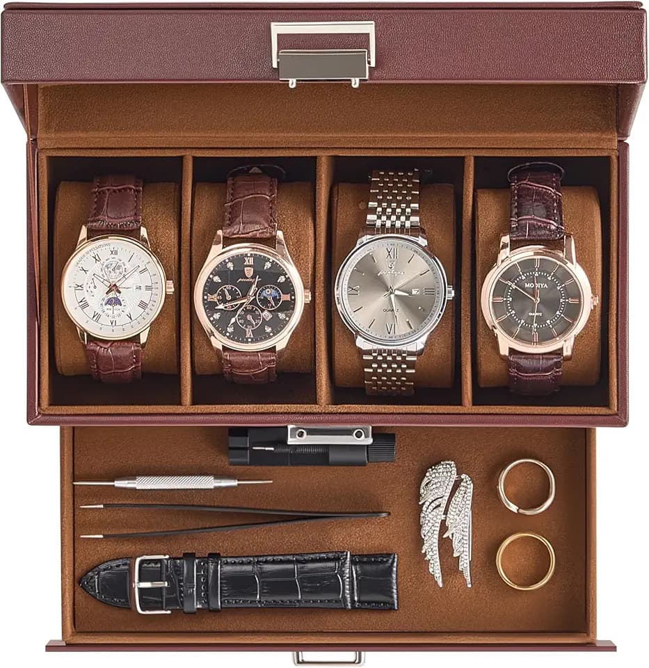 ProCase ProCase Scatola per Orologi, Organizer per Custodia Orologio Uomo con Coperchio in Vetro, Vetrina per Orologi a 2 Livelli con Cassettino per Archiviazione Gioielli -4 Slot Espresso