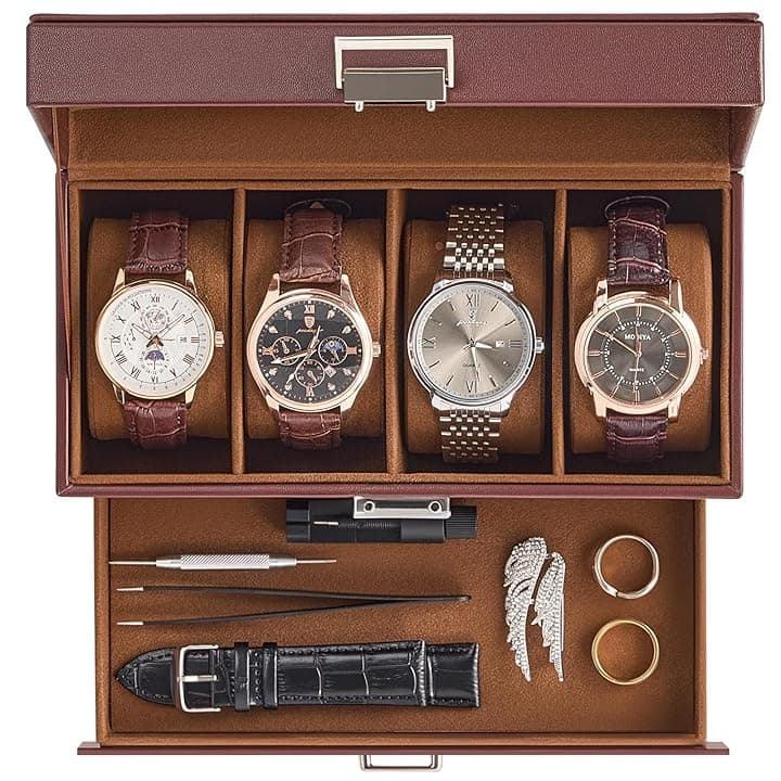 ProCase ProCase Scatola per Orologi, Organizer per Custodia Orologio Uomo con Coperchio in Vetro, Vetrina per Orologi a 2 Livelli con Cassettino per Archiviazione Gioielli -4 Slot Espresso