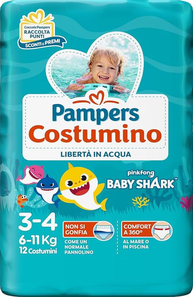 Pampers Costumino, Taglia 3 (6-11 kg), Doppia Barriera Laterale Anti-Fuoriuscita, Rimozione Facile, Fascia Elastica Avvolgente, Mare e Piscina, Cambio Veloce, Estate, Baby Shark, 12 Pannolini