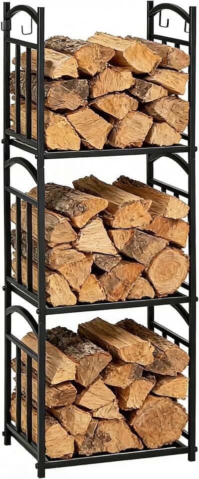 Outsunny Scaffale Portalegna da Esterno e Interno a 3 Livelli, Uso Separato o Impilato, Legnaia in Metallo con Ganci per Attrezzi, Nero