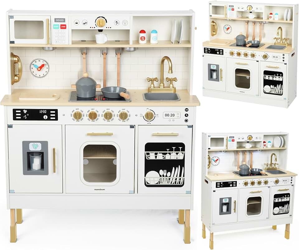 Mamabrum Cucina in Legno per Bambini XXL – Cucina Giocattolo Interattiva con LED, Microonde, Lavastoviglie, Macchina da Caffè, Forno, Lavello e Accessori