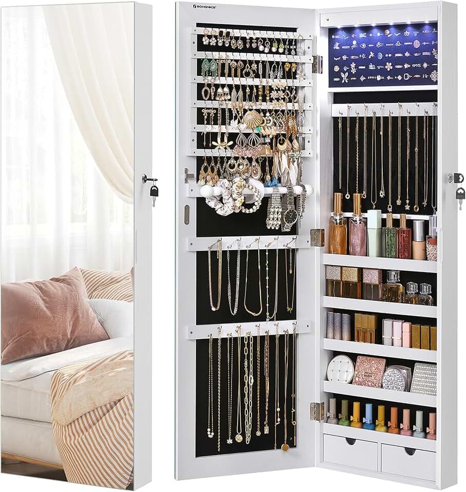 SONGMICS SONGMICS Armadietto Portagioielli da Parete con Specchio Senza Cornice, Organizzatore per Gioielli con 6 Luci a LED da Porta o Muro, Grande CapacitÀ con 2 Cassetti, Bianco JJC99WT
