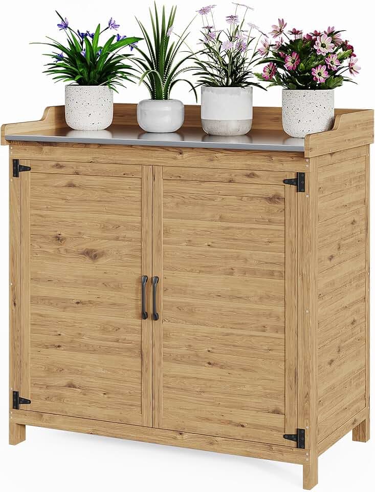 Bealife Tavolo per Piante con Mobile Base, Armadietto da Esterno in Legno,Mobiletto da Giardino con Piano di Lavoro con 1 Ripiano Mobile per Uso Interno ed Esterno (Naturale, 98x48x95 cm)