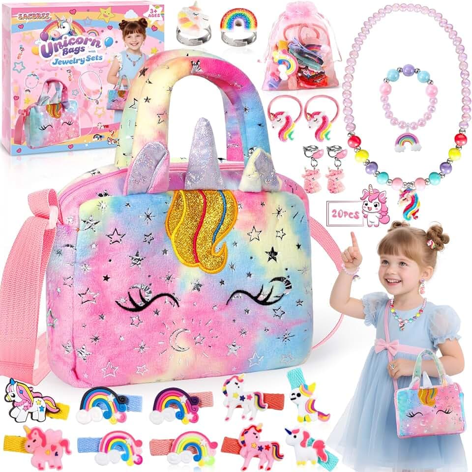 SACBRZZ Borsa Unicorno Bambina Con Gioielli, 20 Pezzi Set Gioielli, Anelli, Collane, Forcine, Orecchini,Borsetta Unicorno Bambina, Borsetta Bambinas Set Unicorno Regalo per Bambini 3-7 Anni Compleanno Natale