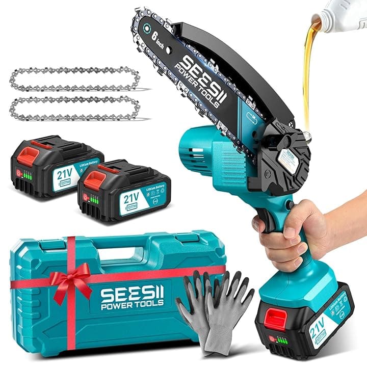 SEESII Mini Motosega a Batteria 8000mAh, 900W 6 Pollici Sega Elettrica per Potatura con Pompetta Olio e Catena di Ricambio, Motosega da Potatura per il Taglio del Legno Giardini, M6 Pro