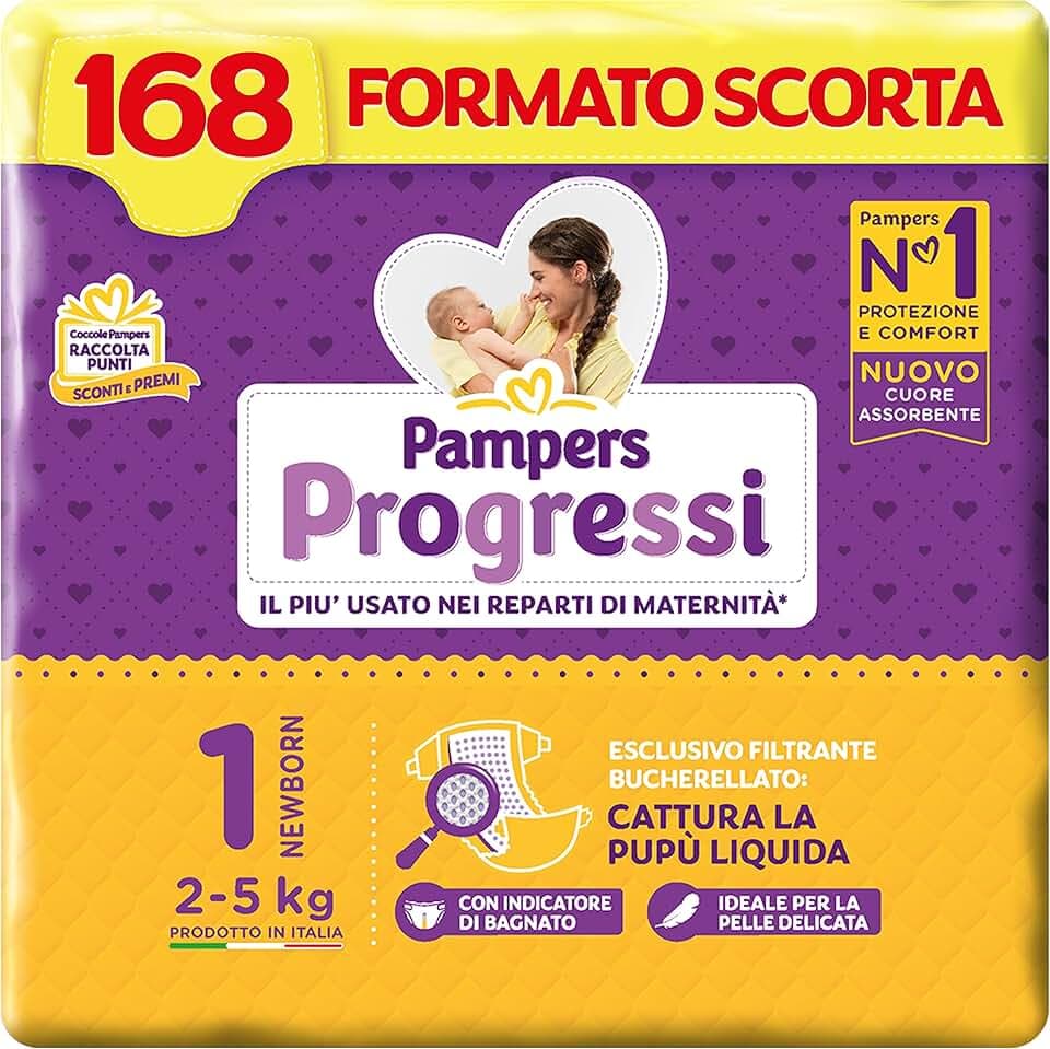 Pampers Progressi Newborn, Taglia 1 (2-5 kg), Formato Scorta, Indicatore di Bagnato, Protezione Pelli Delicate Prima Infanzia, Linguette Rinforzate, Anti-Fuoriuscite, 168 Pannolini Neonato