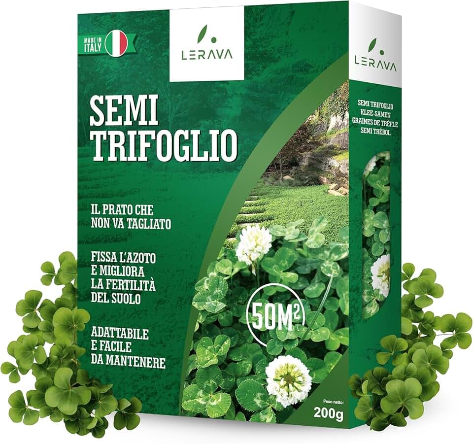 LERAVA Trifoglio Nano semi prato (50 m²) - Non richiede taglio - Semi trifoglio nano per prato verde - Migliora fertilità del suolo e copertura calpestabile - Fioritura bianca per giardini - 200g