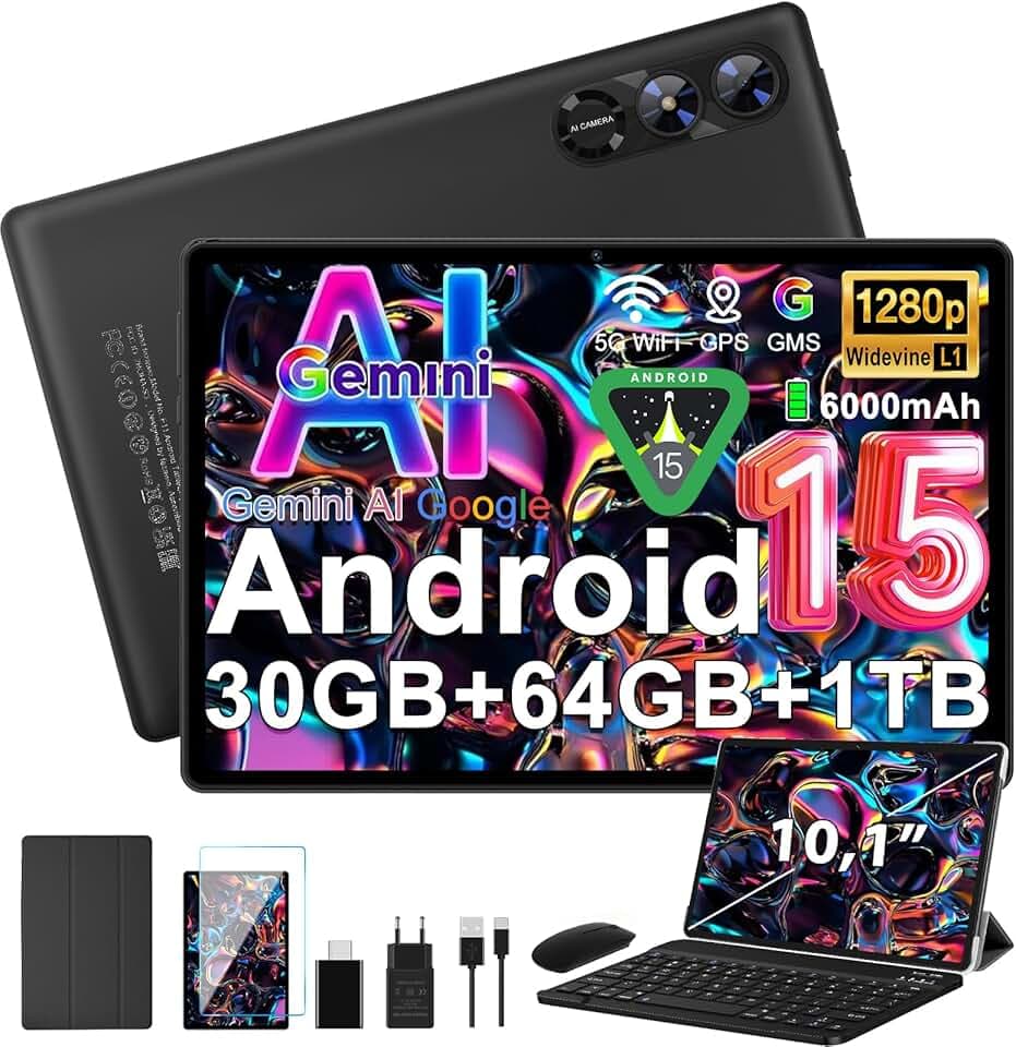 Android 15 Tablet 10 Pollici Gemini AI, Tablet PC Octa-Core, 30 GB RAM + 64 GB ROM (1TB TF), 3.5mm Audio/GMS/WiFi 6 & BT 5.0 / 6000mAh / GPS/Widevine L1,Tablets con Tastiera e Mouse-nero