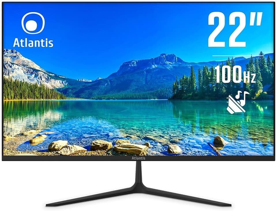 Atlantis Monitor 22 pollici, schermo 22" VA 100Hz, Full HD 1920x1080, VGA HDMI, MULTIMEDIALE, FreeSync, Uscita Audio/Cuffie inclinabile, risposta 5ms, Contrasto 3000:1, Angolo 178/178, Cavo HDMI 1,5m