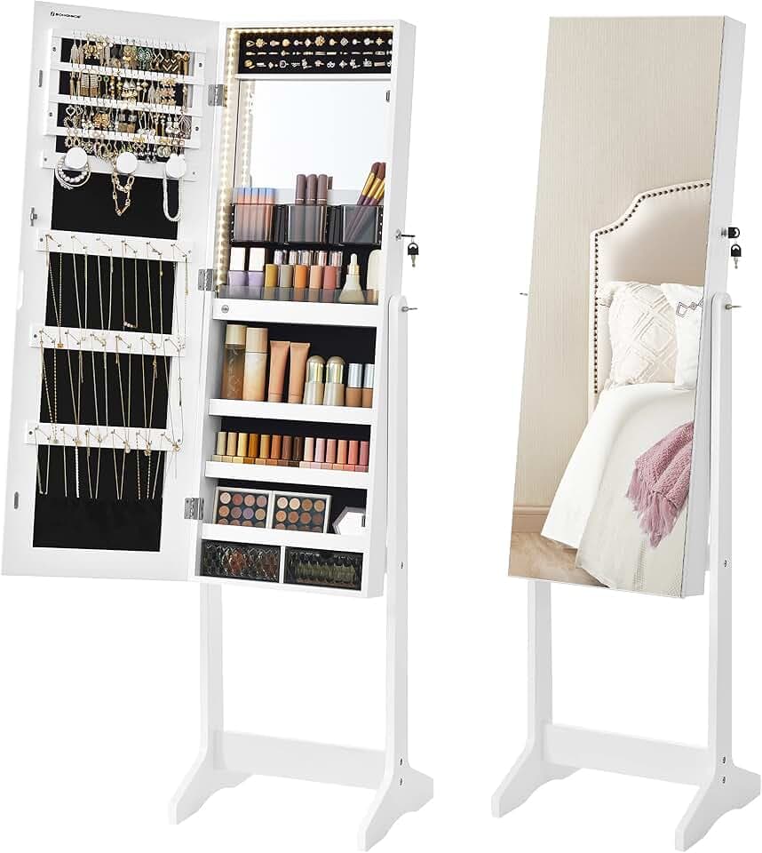 SONGMICS SONGMICS Specchio Portagioie da Terra, Armadietto Portagioie con Specchio a Figura Intera senza Cornice, Luce LED, 2 Cassetti, Serratura, Idea Regalo, Bianco Nuvola JJC023W01