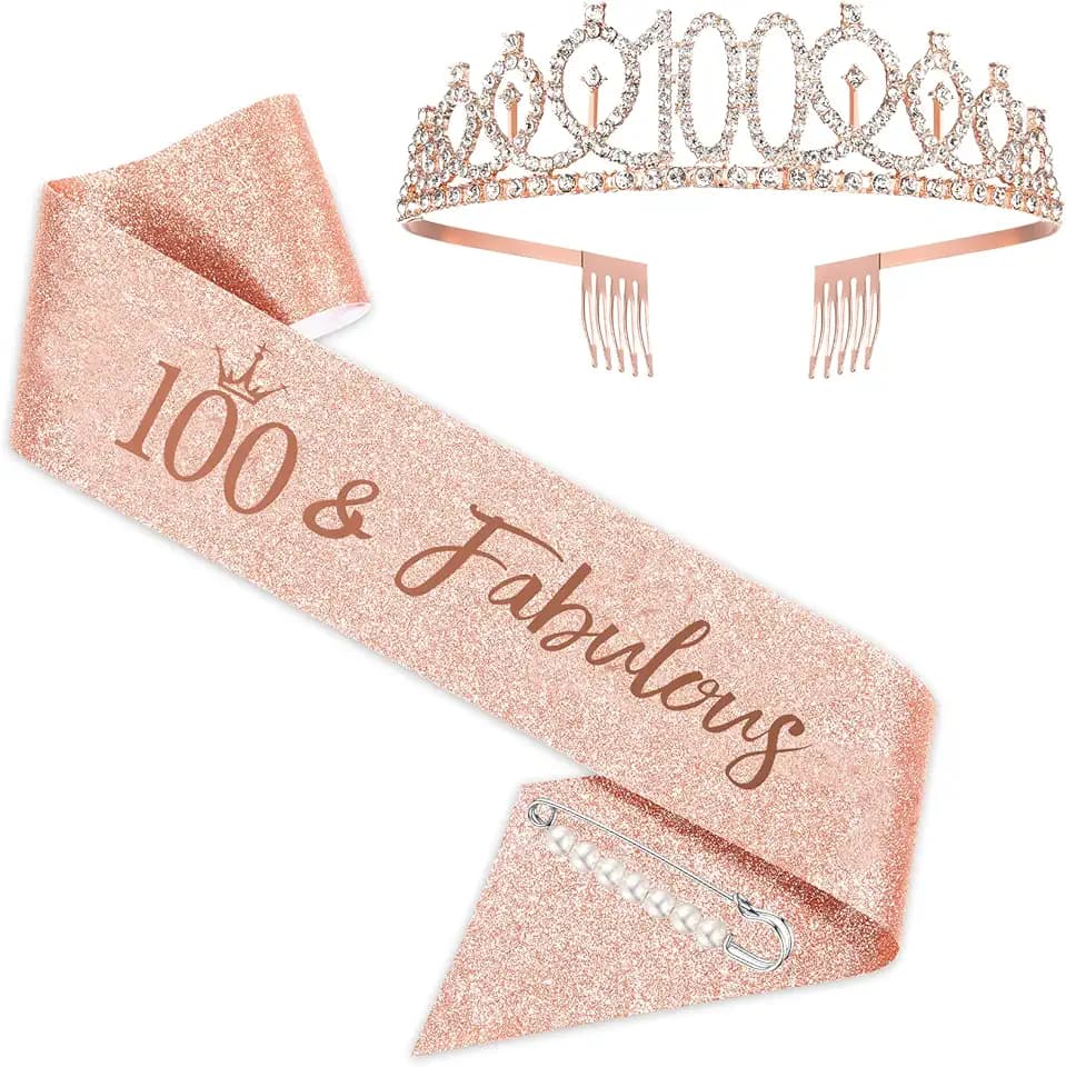 SZHUIHER SZHUIHER, Set con tiara con il numero 100 e fascia con scritta "100 & Fabulous", per 100° compleanno, da donna, di colore oro rosa, adatto come regalo e feste di 100° compleanno