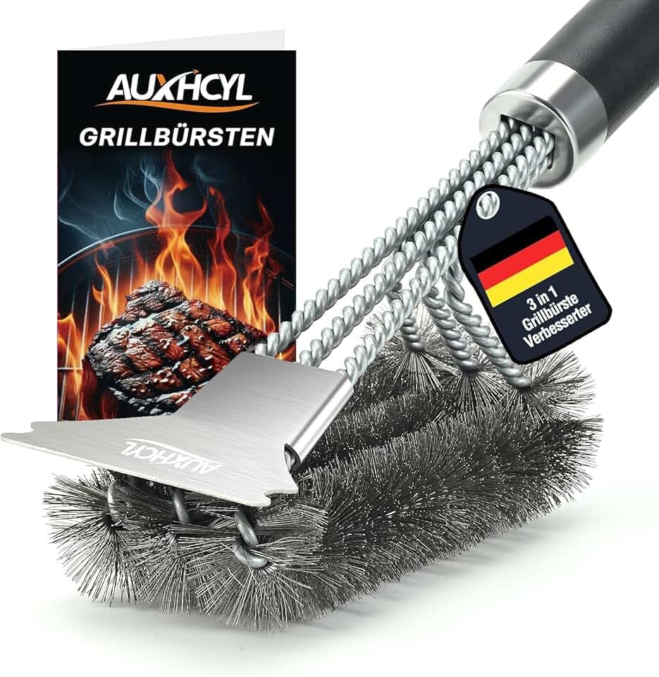 AUXHCYL Spazzola per barbecue in acciaio inox, spazzola per barbecue 3 in 1 con raschietto, manico in polipropilene con isolamento termico, spazzola per barbecue da 45,5 cm per barbecue a gas