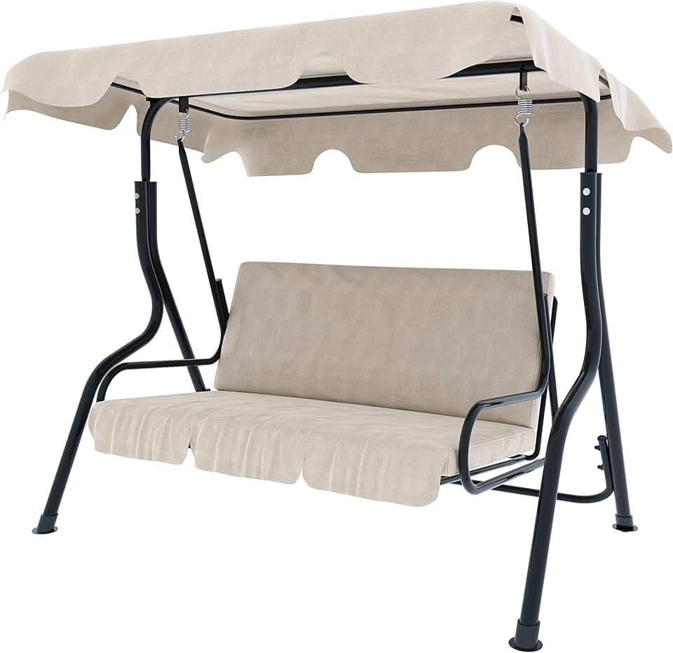 Dondolo 3 Posti Con Tettuccio Parasole Regolabile Cuscini Imbottiti Struttura Robusta In Acciaio Verniciato Da Esterno Giardino Balcone Terrazzo Piscina 170 x 110 x 153 Cm (Beige)