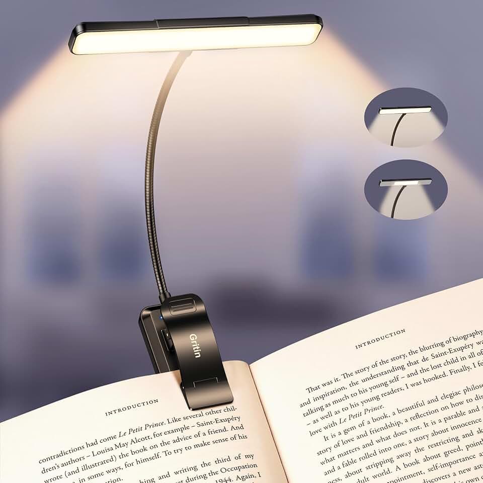 Gritin 2026 2a Gen Luce per Lettura Libri a Letto - 32 LED Full Spectrum, 5 Colori & 5 Luminosità, Fascio Regolabile Largo/Stretto, Batteria 1500mAh Lunga Durata, Ricaricabile Clip per Amanti Libri