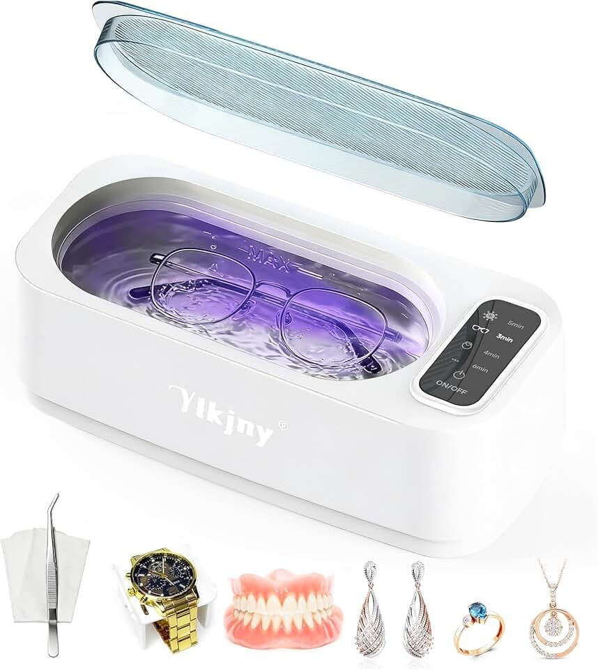 ylkjny Pulitore Ultrasuoni, 55000Hz Vasca Ultrasuoni, 350ml Lavatrice Ultrasuoni con Display LED, 4 Modalità Ultrasonic Cleaner con Luci UV per Gioielli, Occhiali, Apparecchi Dentali, Orologi, Anelli