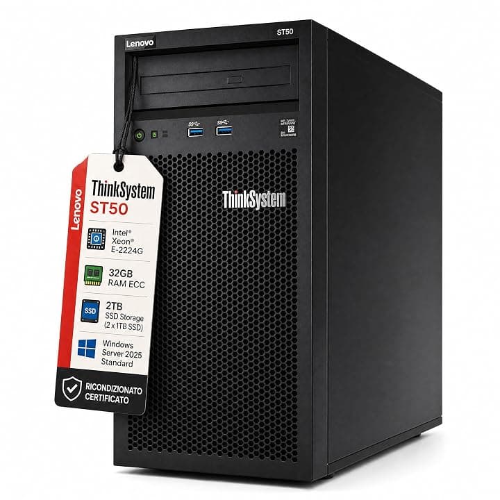 Lenovo Server ThinkSystem ST50 - CPU Intel Xeon E-2224G, 32 GB di RAM ECC, 2 SSD da 1 TB, Win Server 2025 Standard (ricondizionato)