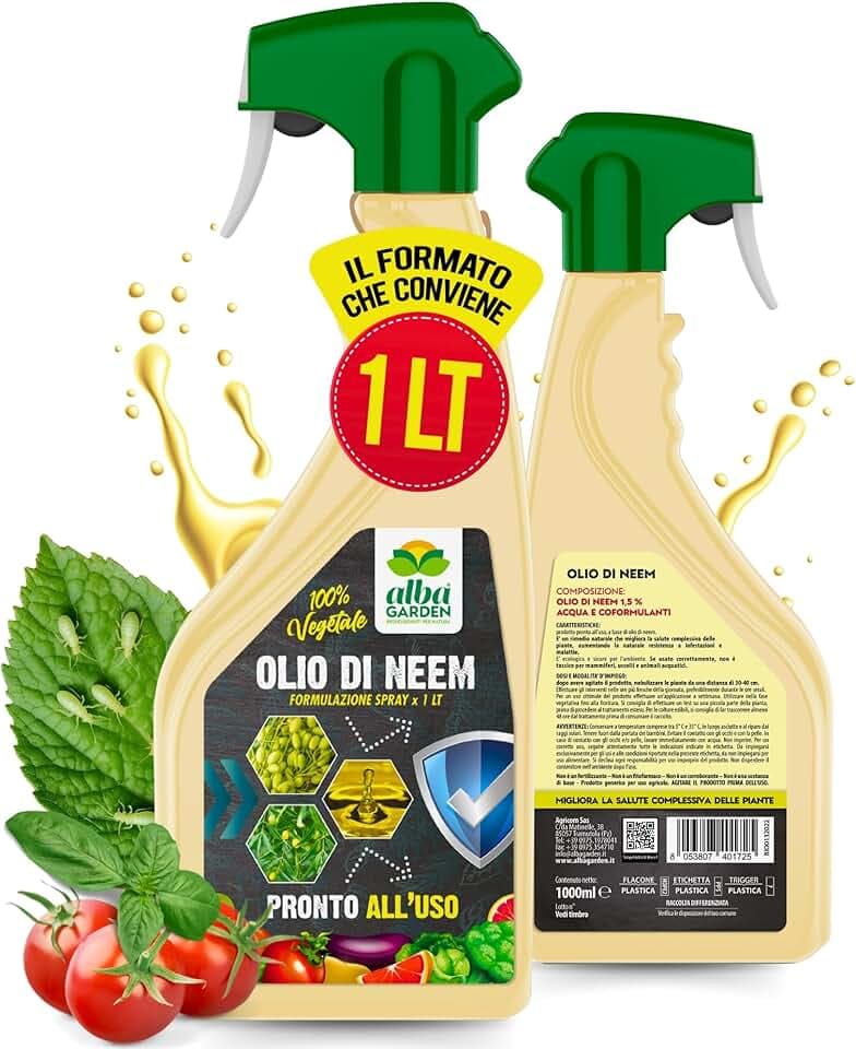 Albagarden - Olio Di Neem Per Piante - MAXI x 1 Litro - Naturale Concentrato, Contro Insetti Funghi Cocciniglia, Acari Afidi Pulci, Cimici, Pidocchi - Spray Pronto Uso