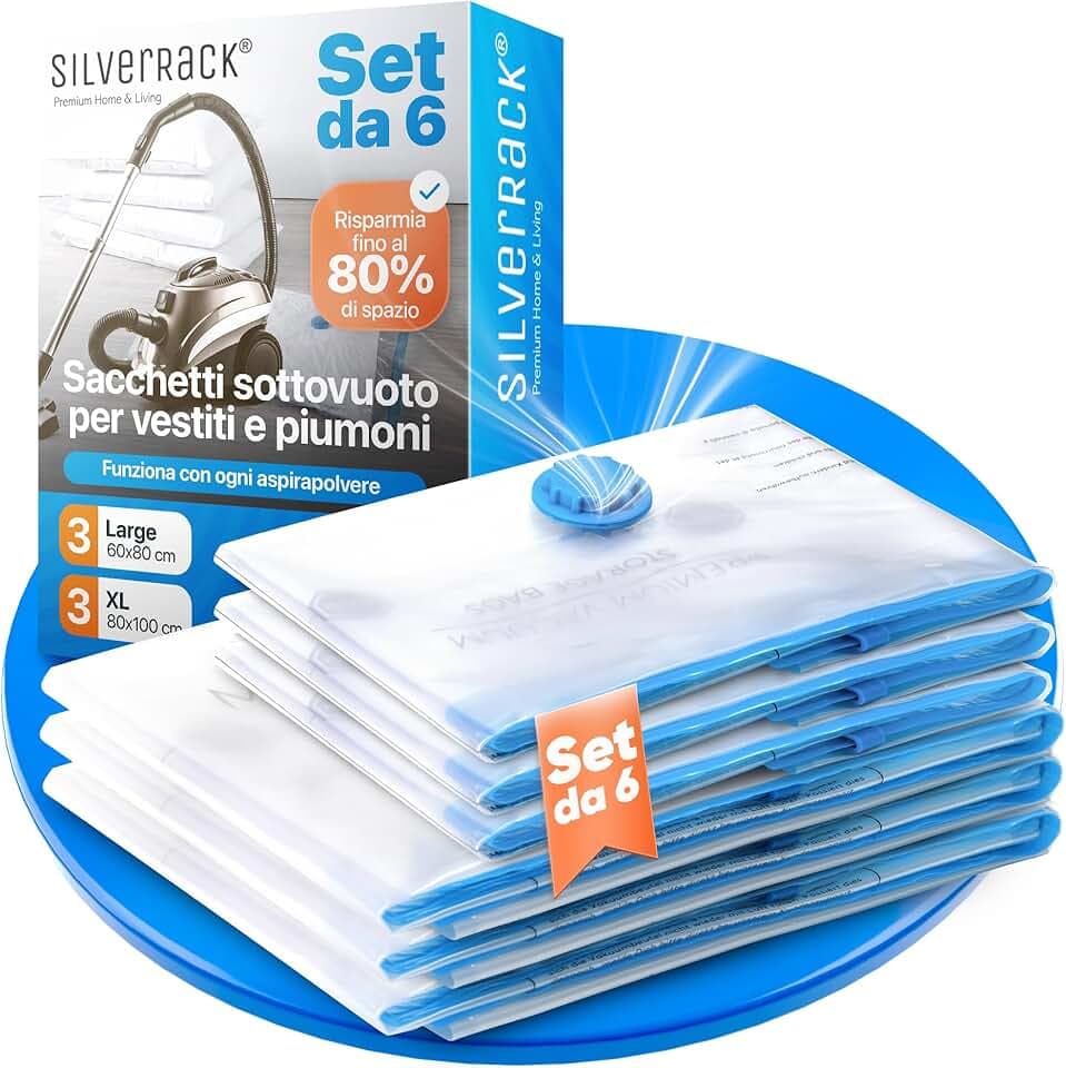SilverRack Set di Sacchetti Sottovuoto [6 Pezzi] in 2 Misure (3x 60x80 cm / 3x 80x100 cm) - Per Abbigliamento e Piumini