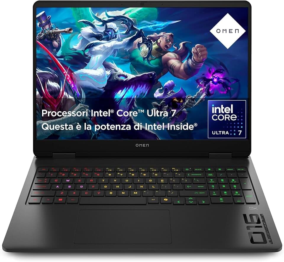 HP OMEN 16-an0002sl, Notebook, Intel Core Ultra 7 255H, 32GB RAM, 1TB SSD, Display 16 2K IPS 165Hz, Antiriflesso, NVIDIA RTX 5060 8GB, Cam TNR 1080p, 3 Mesi di PC Game Pass Inclusi, Windows 11, Nero