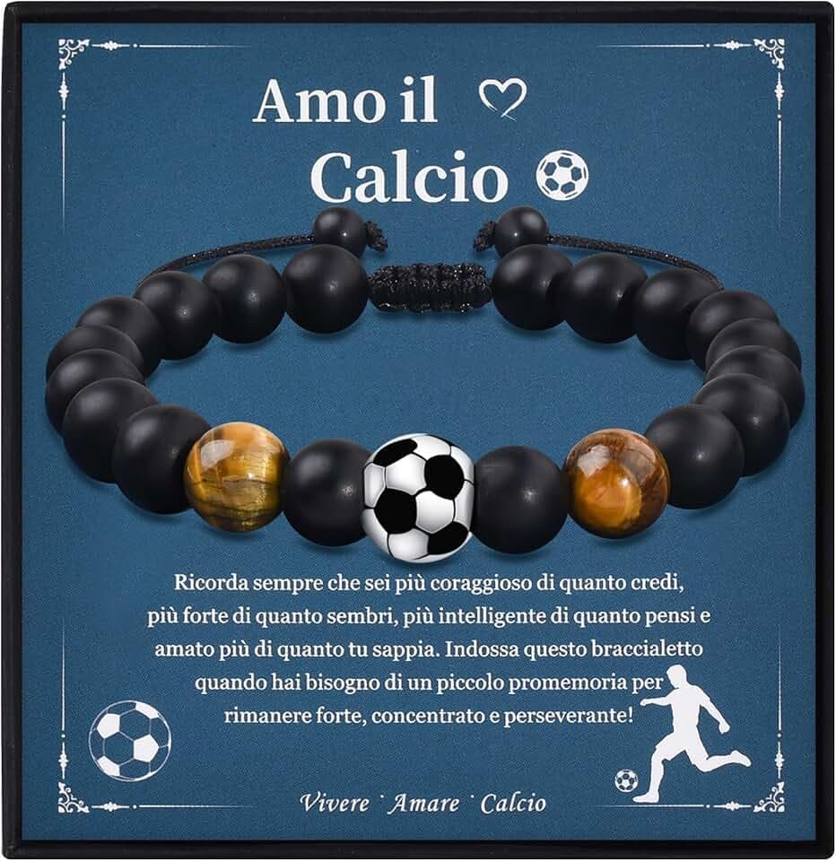 VGWON Regali Braccialetto di Calcio per Ragazzi, Regali di Compleanno e Natale per Ragazzo, Regalo per Figli, Nipoti e Fratelli, Braccialetto di Calcio in Pietra Naturale 3D 185