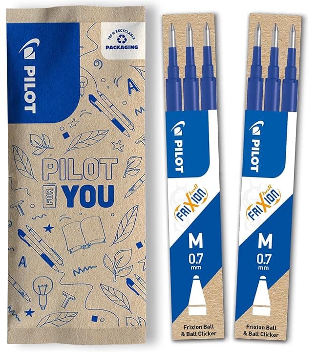 PILOT - 2 Set di 3 Ricariche FriXion - Ricariche per Penne Cancellabili - Compatibili con FriXion Ball e FriXion Ball Clicker - Blu - Punta Media (6 Ricariche)