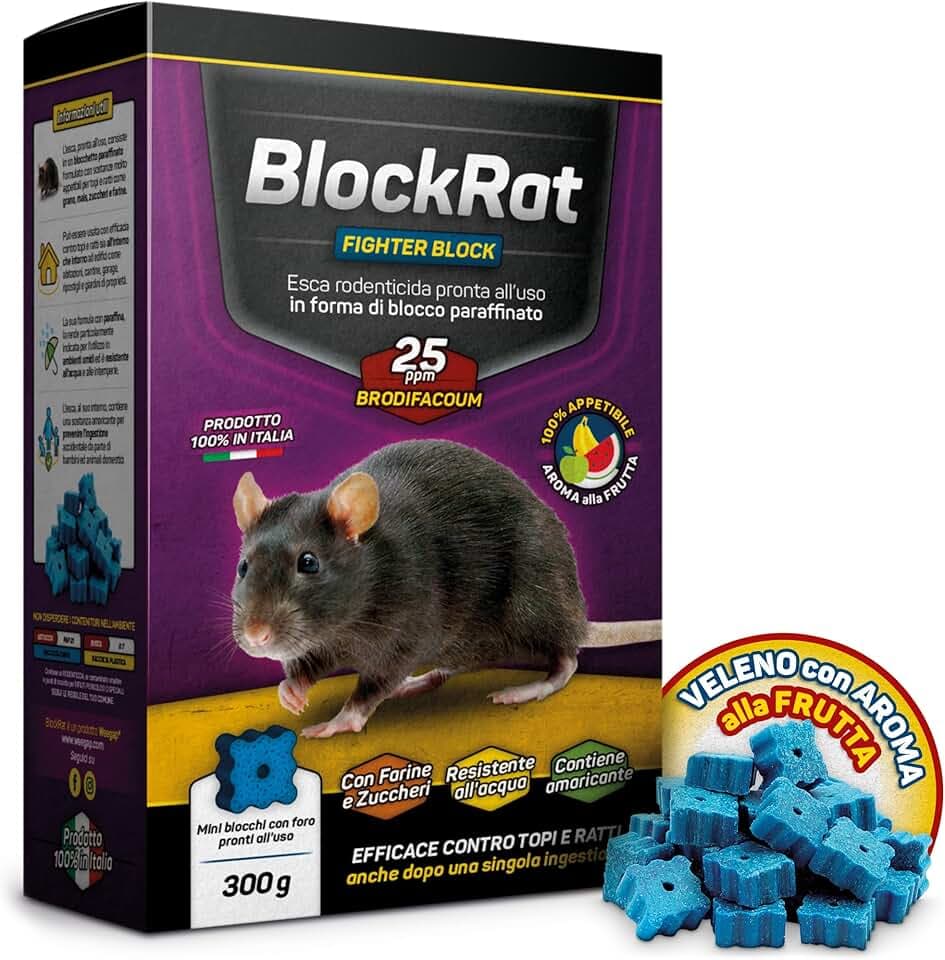 Veleno per Topi e Ratti in Mini Blocchi con Aroma alla Frutta e Cereali, Esca Topicida Ratticida Professionale Potente Uso Sicuro Esterno e Interno, Novità Esche 100% Made In Italy, BlockRat 300 g