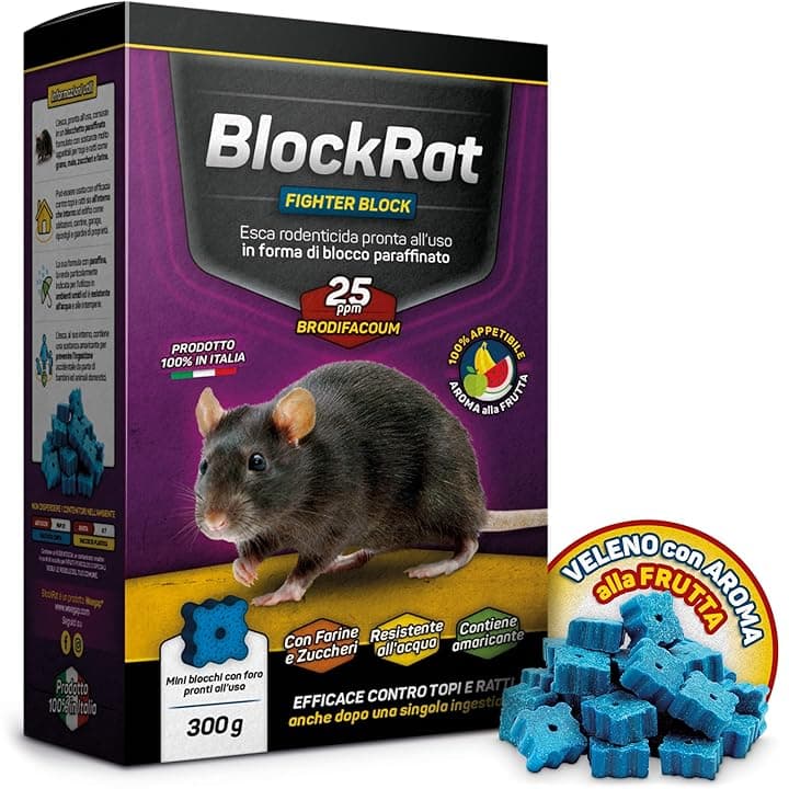 Veleno per Topi e Ratti in Mini Blocchi con Aroma alla Frutta e Cereali, Esca Topicida Ratticida Professionale Potente Uso Sicuro Esterno e Interno, Novità Esche 100% Made In Italy, BlockRat 300 g
