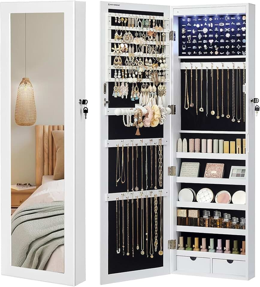 SONGMICS SONGMICS Specchio Portagioie con 6 Luci a LED, Alto 120 cm, Armadietto Portagioie da Parete o Porta con Chiusura e Specchio, 2 Cassetti, 10 x 37 x 120 cm, Bianco e Nero JBC93W