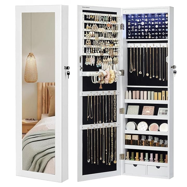 SONGMICS SONGMICS Specchio Portagioie con 6 Luci a LED, Alto 120 cm, Armadietto Portagioie da Parete o Porta con Chiusura e Specchio, 2 Cassetti, 10 x 37 x 120 cm, Bianco e Nero JBC93W