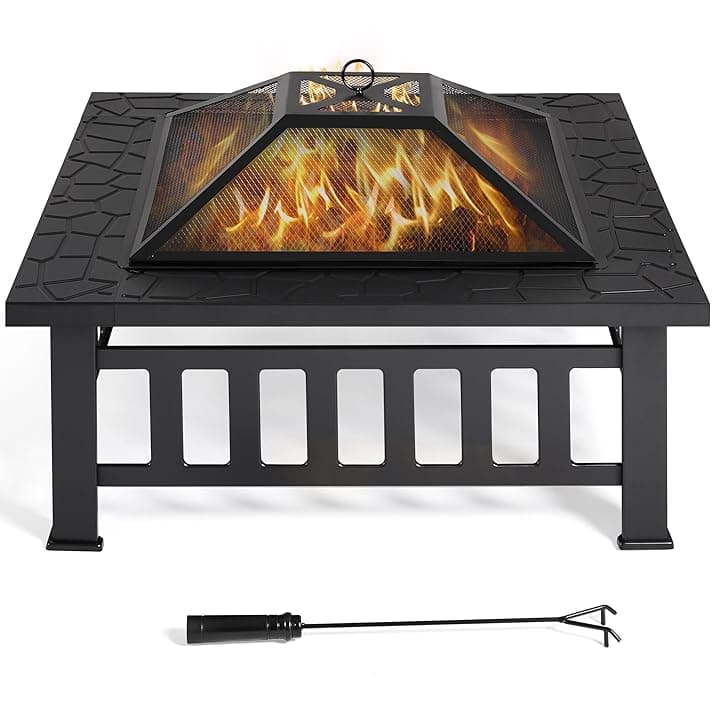 Yaheetech Braciere da Giardino Esterno Campeggio per Riscaldamento Tavolo Quadrato in Ferro con Copertura Nero 86 x 86 x 54 cm