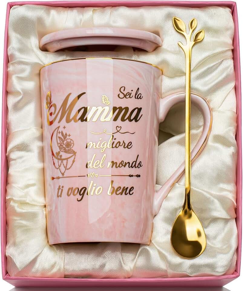 Regalo Festa Della Mamma, Regalo Mamma Tazza 400ml, Regal-o Mamm-a Compleanno, Rosa Ceramica Marmorizzata Regali per Mamm-a Natale Idee, con Coperchio, Cucchiaio, Biglietto