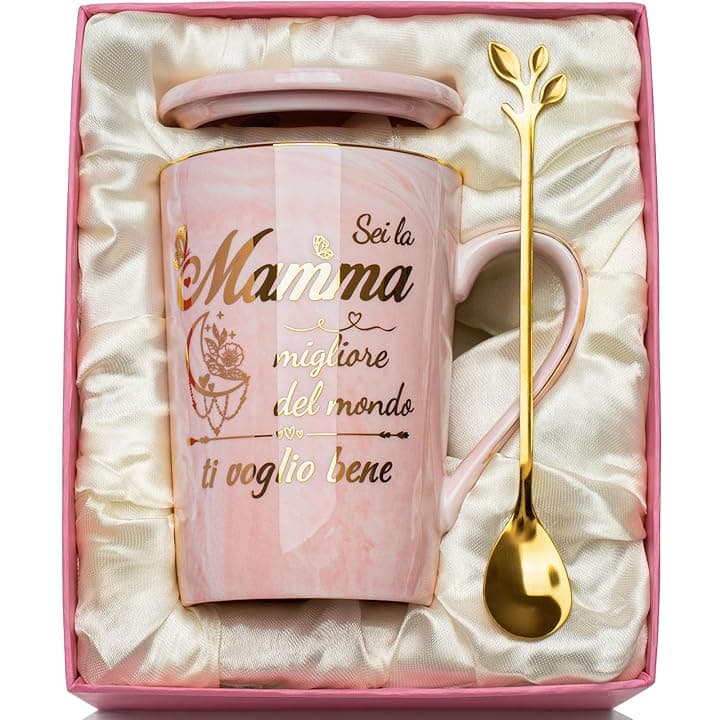 Regalo Festa Della Mamma, Regalo Mamma Tazza 400ml, Regal-o Mamm-a Compleanno, Rosa Ceramica Marmorizzata Regali per Mamm-a Natale Idee, con Coperchio, Cucchiaio, Biglietto
