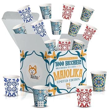 AKITAInk 1000 Bicchierini Caffè Carta 75ml – Design Maiolika, Maiolica Costiera Amalfitana, Vietri, Amalfi, Sorrento