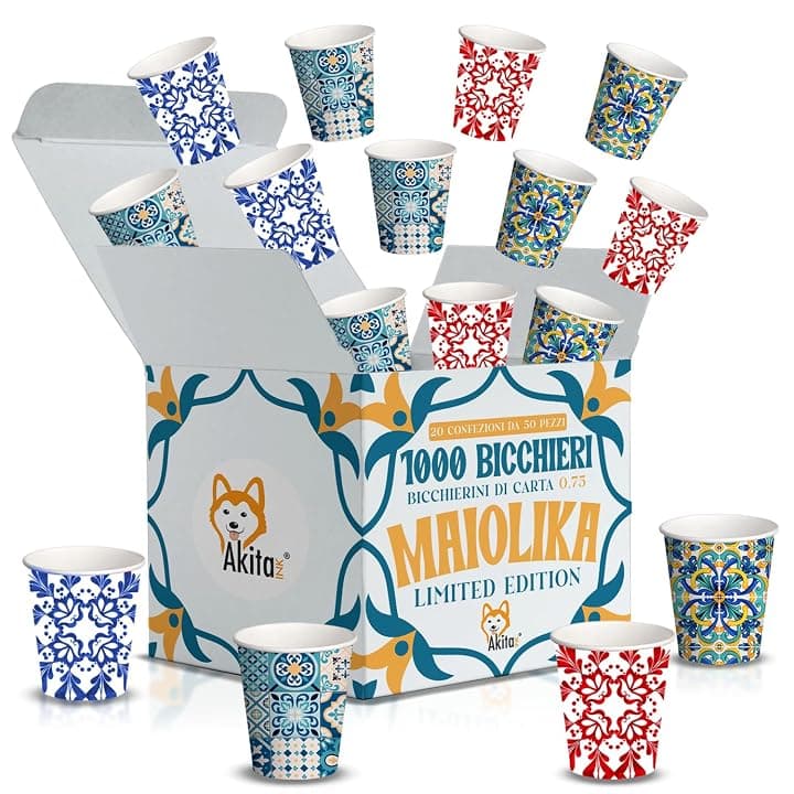 AKITAInk 1000 Bicchierini Caffè Carta 75ml – Design Maiolika, Maiolica Costiera Amalfitana, Vietri, Amalfi, Sorrento